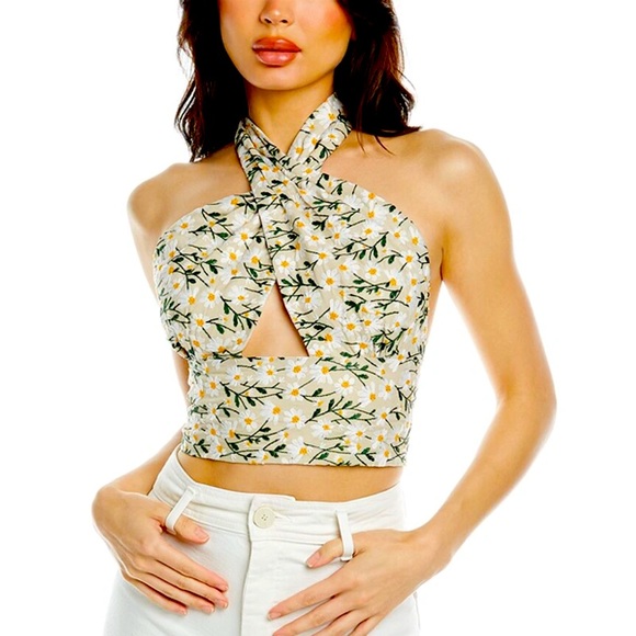 Boutique Label Just Bee Queen- daisy embroidered halter top-Size XS/S - Picture 1 of 10